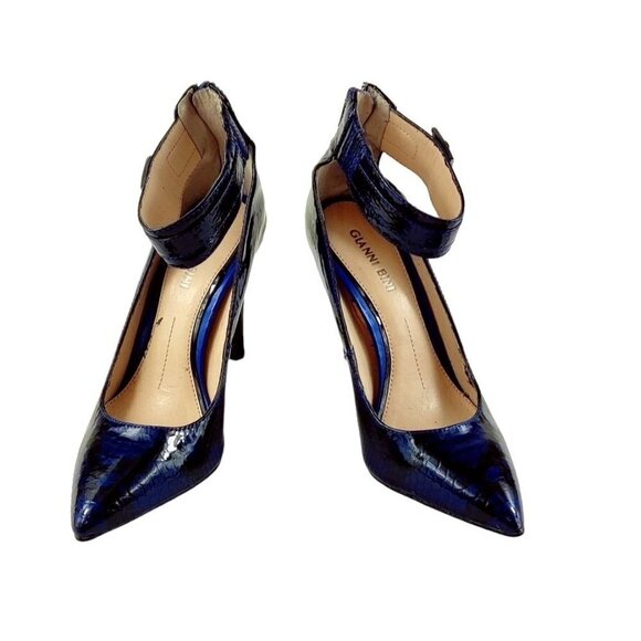 Ankle Strap Gianni Bini Stiletto Pump Patent Leather Navy Blue Embossed Shinny - Picture 5 of 11